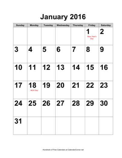 2011 calendar big numbers