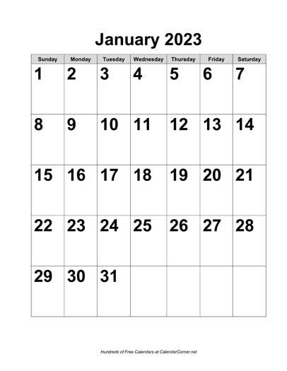 Free 2023 Large Number Calendar Landscape With Holidays 2023 Calendar