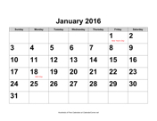 2016 Large-Number Calendar with Holidays, Landscape