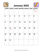 2022 Music Calendar with Holidays
