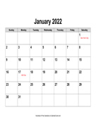2022 Calendar, Landscape with Holidays
