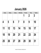 2026 Large-Number Calendar, Landscape