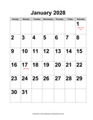 2028 Large-Number Calendar with Holidays