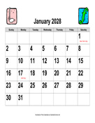 2028 Large-Number Music Calendar, Landscape with Holidays