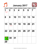 2017 Large-Number Music Calendar with Holidays
