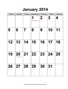 2014 Large-Number Calendar with Holidays