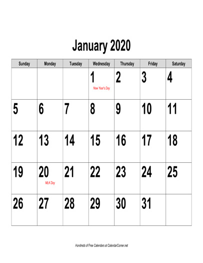 Free 2020 Large-Number Calendar, Landscape with Holidays
