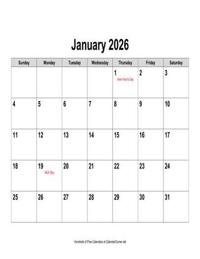 Free 2026 Calendar, Landscape with Holidays