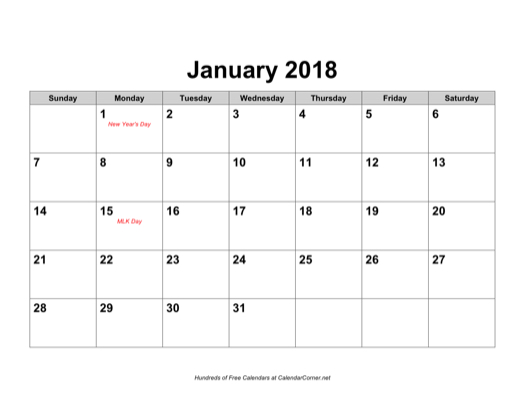 Free 2018 Calendar With Holidays Landscape, Landscape Calendar 2017