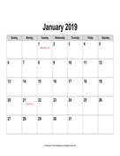 2019 Calendar, Landscape with Holidays