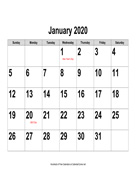 2020 Large-Number Calendar, Landscape with Holidays