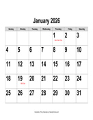2026 Large-Number Calendar, Landscape with Holidays