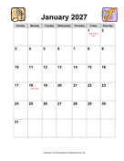2027 Music Calendar with Holidays