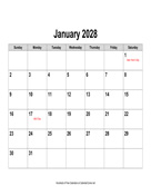 2028 Calendar, Landscape with Holidays