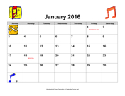 2016 Music Calendar with Holidays, Landscape