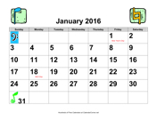 2016 Large-Number Music Calendar with Holidays, Landscape