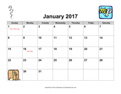 2017 Music Calendar with Holidays, Landscape