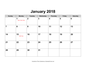 2018 Calendar with Holidays, Landscape