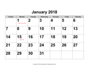 2018 Large-Number Calendar with Holidays, Landscape