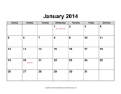 2014 Calendar with Holidays, Landscape