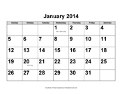 2014 Large-Number Calendar with Holidays, Landscape