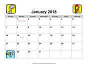 2018 Music Calendar with Holidays, Landscape