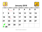 2018 Large-Number Music Calendar with Holidays, Landscape